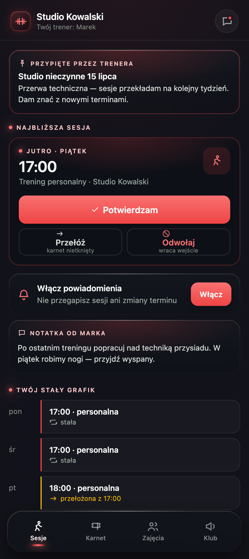Aplikacja podopiecznego w TrainOS — sesje z trenerem