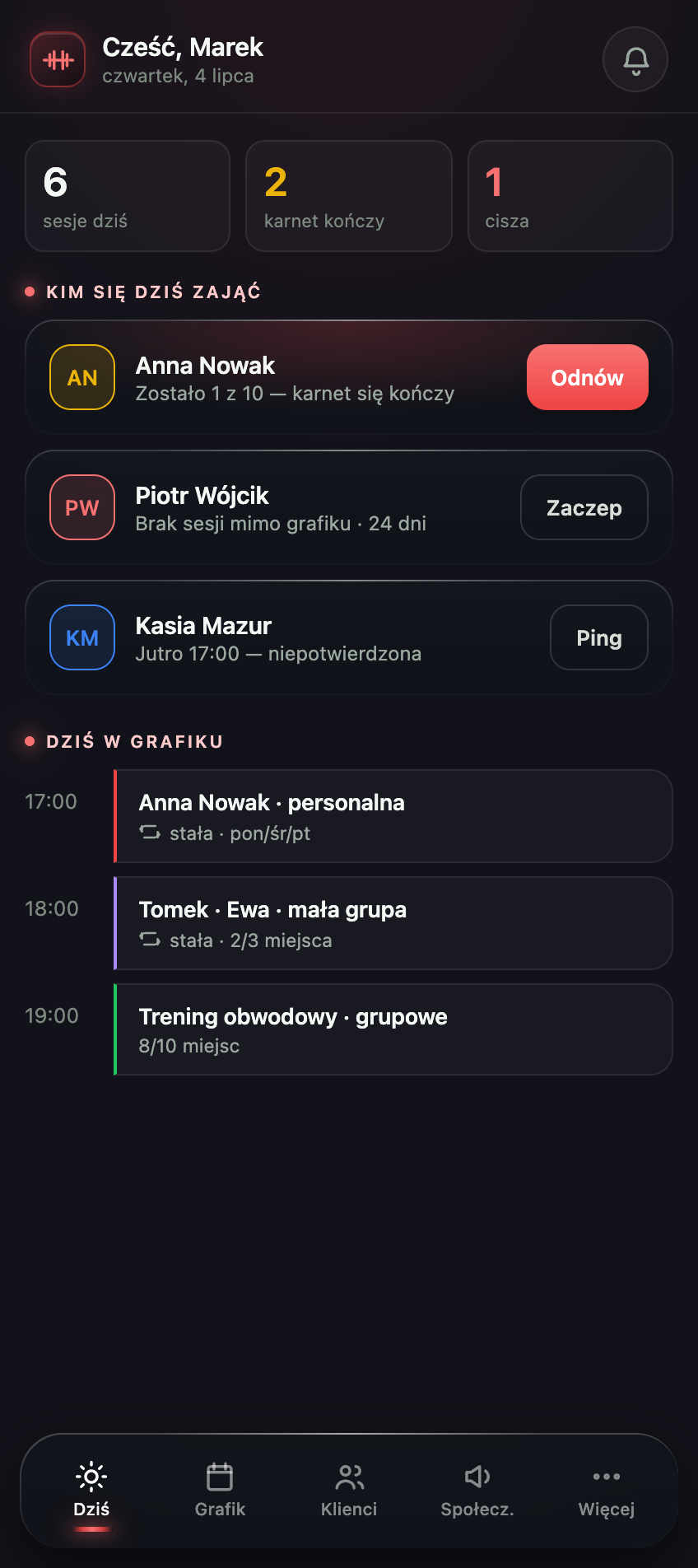 Pulpit trenera w TrainOS — kim się dziś zająć