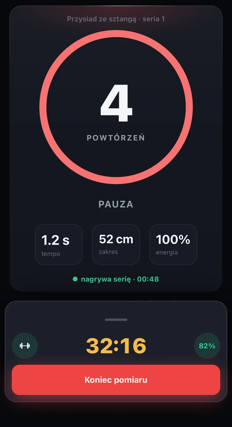 Ekran pomiaru w TrainOS, żywe liczenie powtórzeń z tempem, zakresem ruchu i energią serii