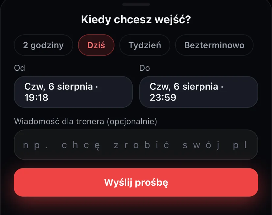 Ekran prośby o dostęp: skróty czasu, pola od i do, wiadomość dla trenera