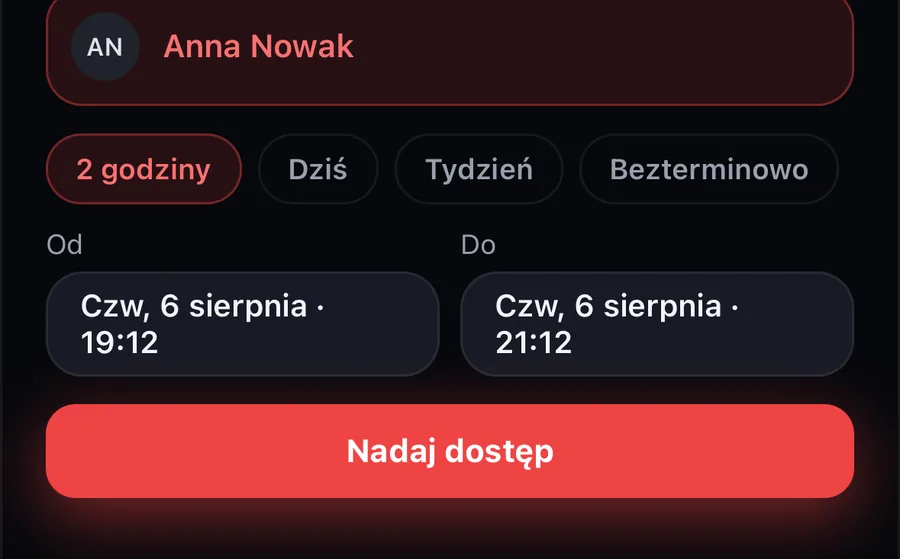 Nadawanie dostępu przez trenera: wybór klienta, skróty czasu, zakres od i do