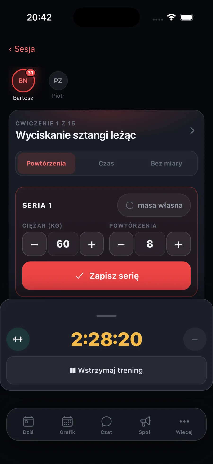 Log treningu: karta serii z pokrętłami ciężaru i powtórzeń oraz stoper treningu
