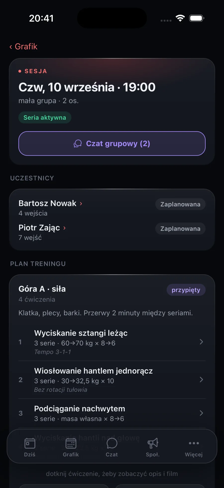 Ekran treningu z przypiętym planem i celami serii